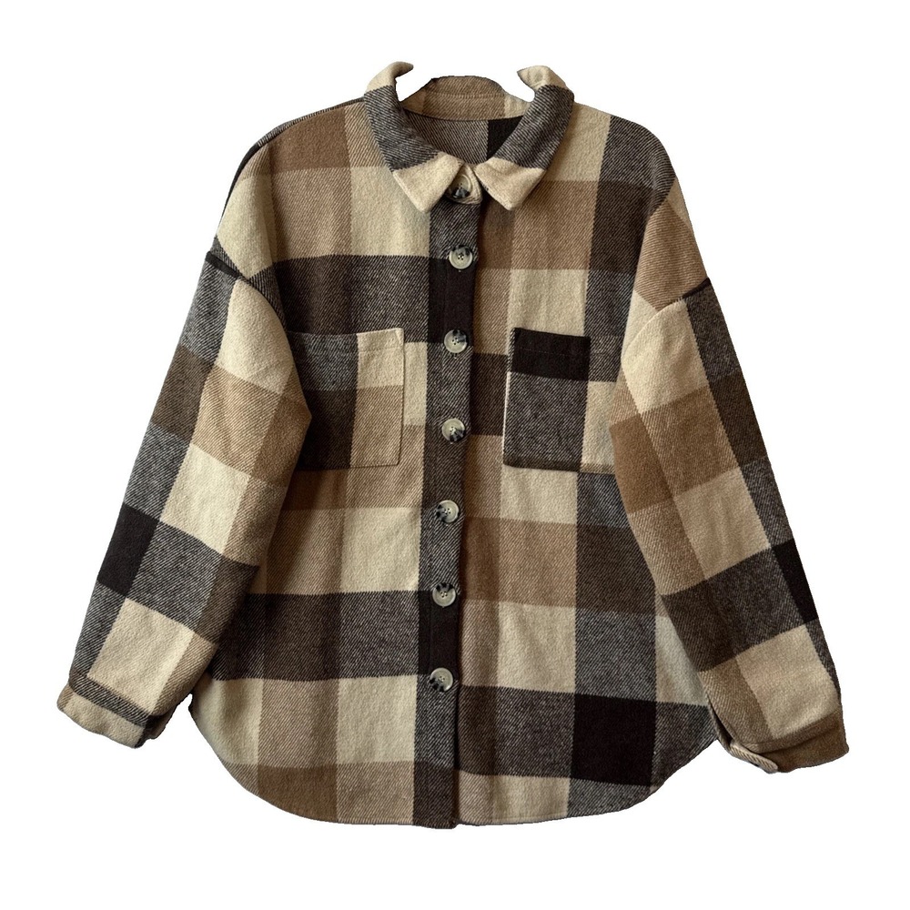90s Grunge Neutral Plaid Relaxed 2XL Button Up‎ Shirt Shacket Jacket Cabincore